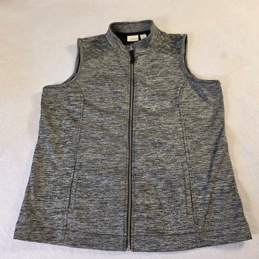 Chicos Weekends Heathered Gray Space Dye Full Zip Vest Quilted Shoulders Size 1